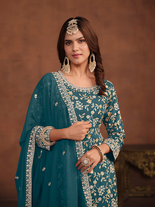 Teal Georgette Partywear Sharara-Style-Suit