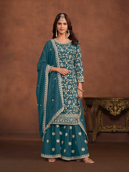 Teal Georgette Partywear Sharara-Style-Suit