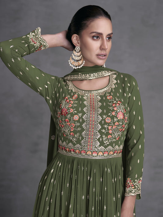 Green Georgette Partywear High-Slit-Style-Suit with Palazzo