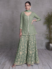 Sage Green Embroidered Wedding Festive Sharara Suit