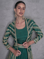 Pine Green Embroidered Jacket Style Indo Western Dress