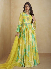 Yellow Floral Printed Handwork Embroidered Anarkali Gown