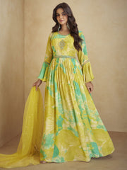 Yellow Floral Printed Handwork Embroidered Anarkali Gown