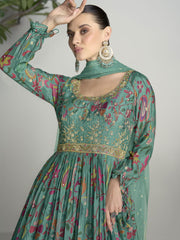 Dark Green Digital Printed Handwork Embroidered Anarkali Gown