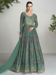 Dark Green Digital Printed Handwork Embroidered Anarkali Gown