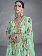 Sea Green Digital Printed Handwork Embroidered Anarkali Gown