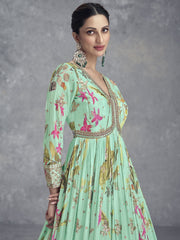 Sea Green Digital Printed Handwork Embroidered Anarkali Gown