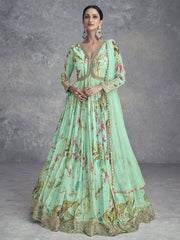 Sea Green Digital Printed Handwork Embroidered Anarkali Gown