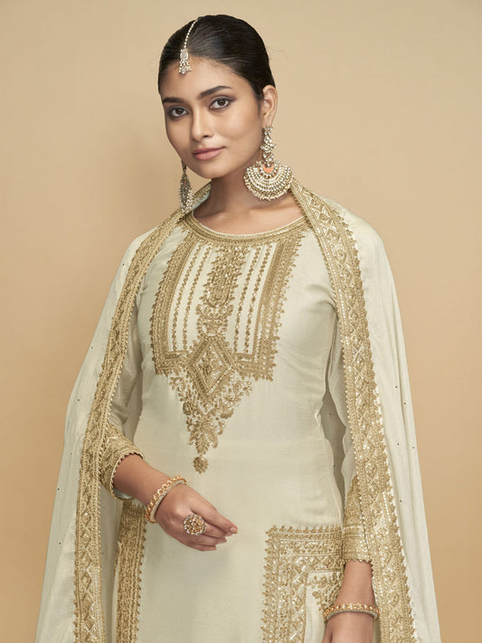 Cream Handwork Embroidered Festive Palazzo Style Suit