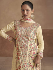 Cream Multicoloured Embroidery Festive Palazzo Suit