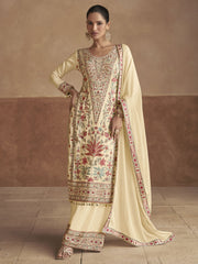 Cream Multicoloured Embroidery Festive Palazzo Suit