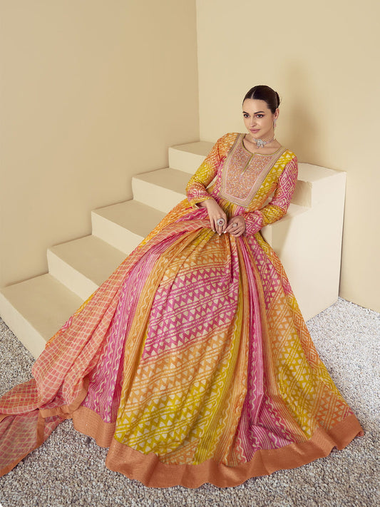 Yellow And Peach Multi Embroidery Festive Anarkali Gown