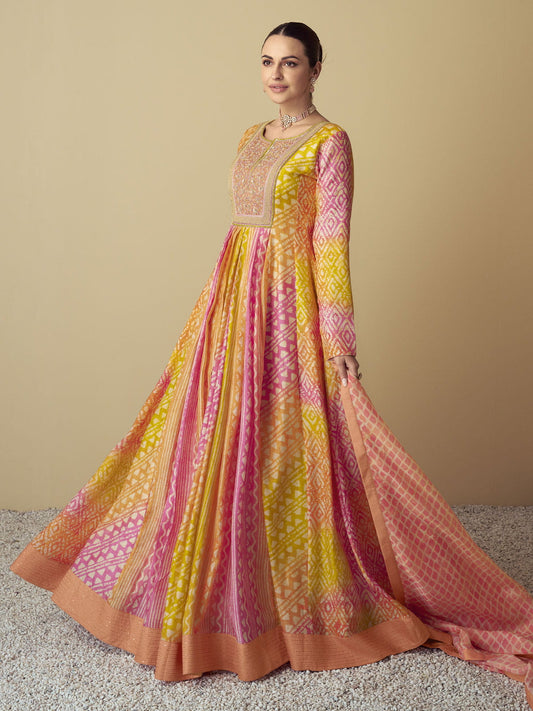 Yellow And Peach Multi Embroidery Festive Anarkali Gown