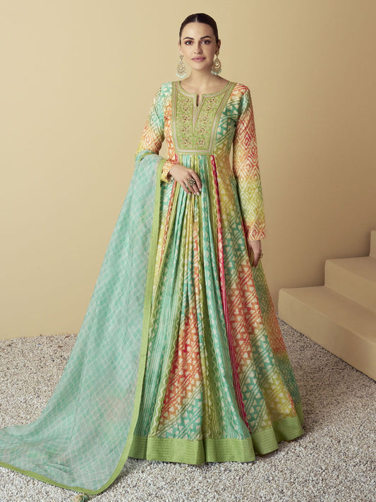 Teal And Green Multi Embroidery Festive Anarkali Gown