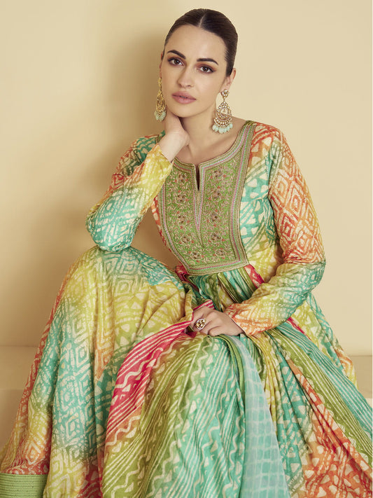 Teal And Green Multi Embroidery Festive Anarkali Gown