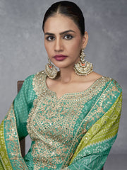 Green And Lime Mirror Embroidery Bandhani Prited Palazzo Suit