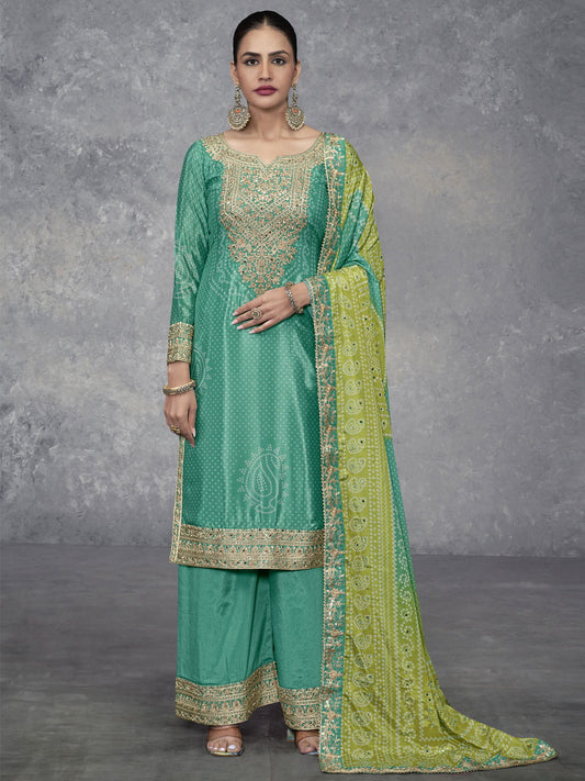 Green And Lime Mirror Embroidery Bandhani Prited Palazzo Suit