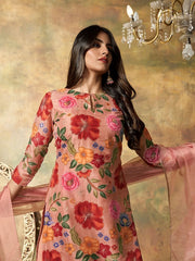 Floral Printed Regular Thread Work Kurta with Palazzos & With Dupatta