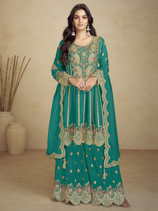 Turquoise Embroidery Festive Gharara Suit