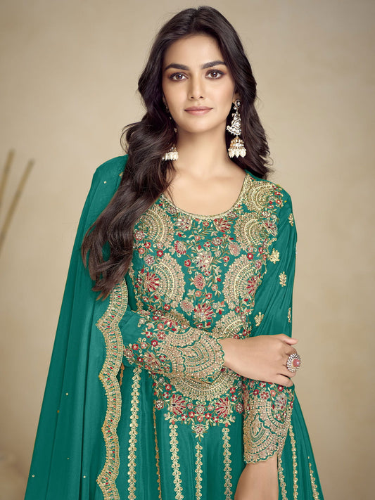 Turquoise Embroidery Festive Gharara Suit