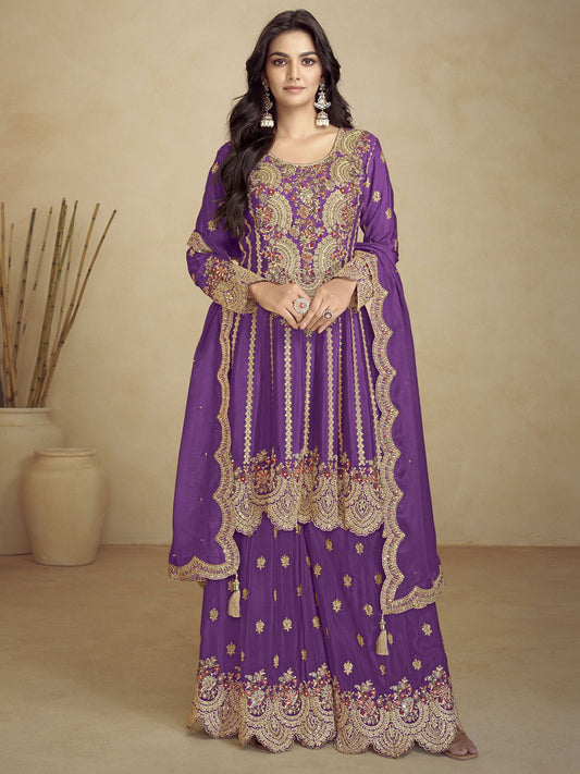 Purple Embroidery Festive Gharara Suit