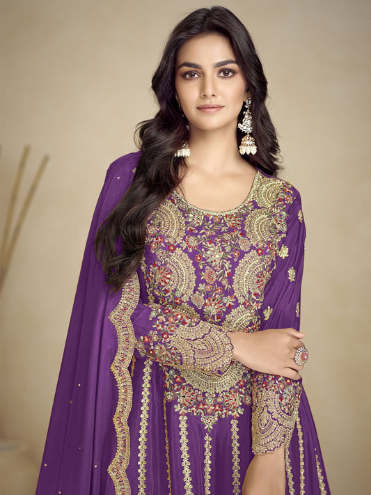 Purple Embroidery Festive Gharara Suit