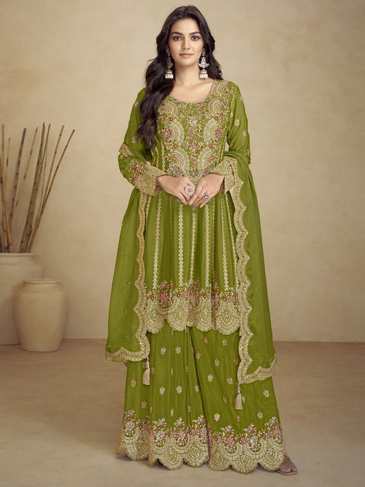 Green Embroidery Festive Gharara Suit