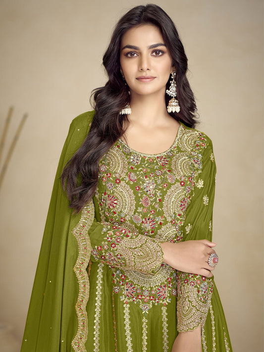 Green Embroidery Festive Gharara Suit