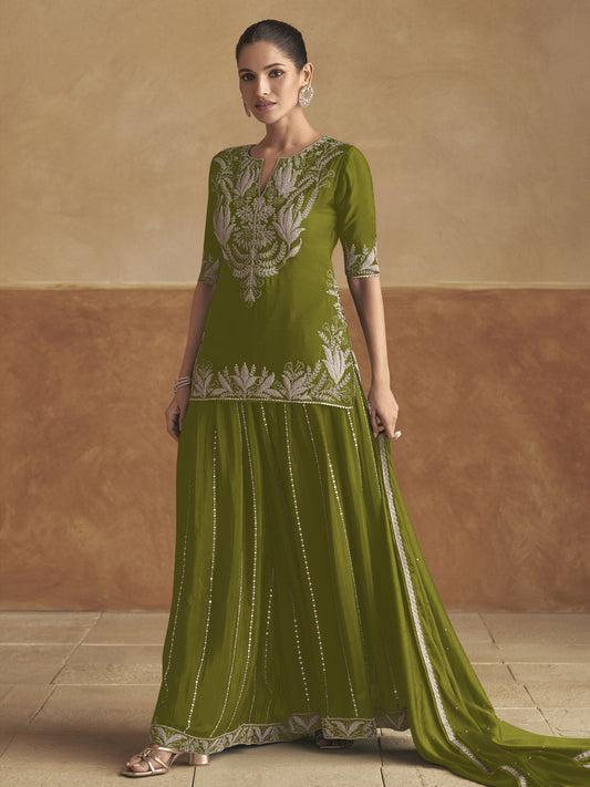 Green Color Chinon Fabric Chic Palazzo Suit