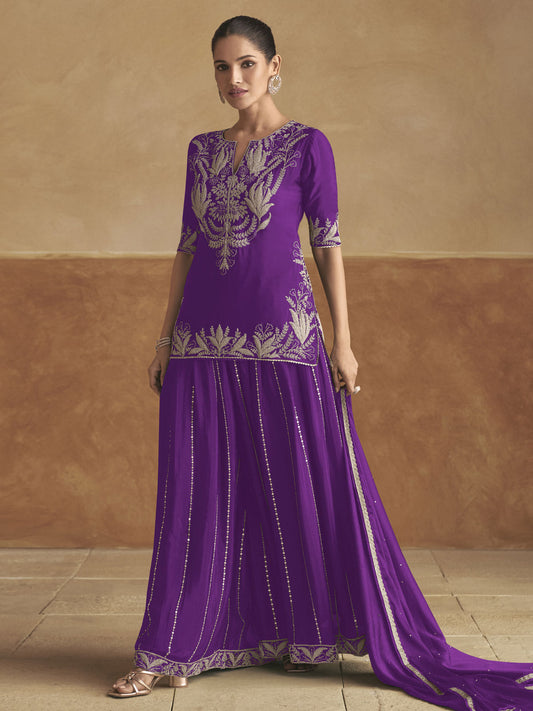 Soothing Purple Color Chinon Fabric Palazzo Suit