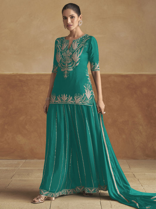 Graceful Chinon Fabric Teal Color Palazzo Suit