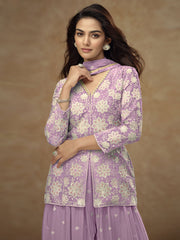 Lavender Embroidered Koti Style Kurti And Palazzo Suit