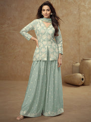 Blue Embroidered Koti Style Kurti And Palazzo Suit