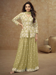 Green Embroidered Koti Style Kurti And Palazzo Suit