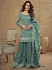 Turquoise Embroidery Party Wear Sharara Suit