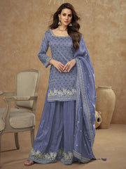 Blue Embroidery Party Wear Sharara Suit