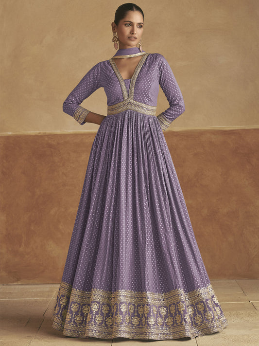 Purple Embroidered Silk Anarkali Suit