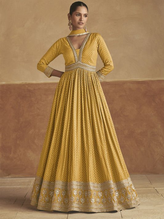 Yellow Embroidered Silk Anarkali Suit