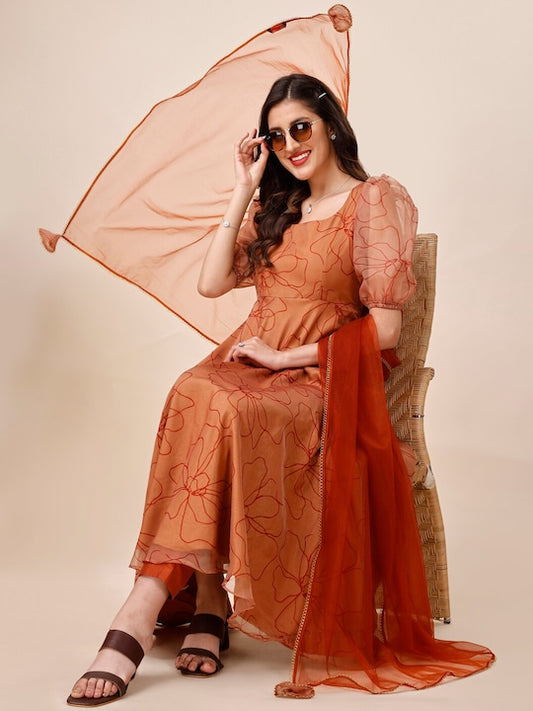 Floral Printed Puff Sleeves Regular Kurta with Trousers & Dupatta