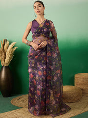 Purple Floral Digital Printed Organza Saree