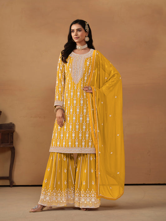 Yellow Embroidered Georgette Gharara Suit