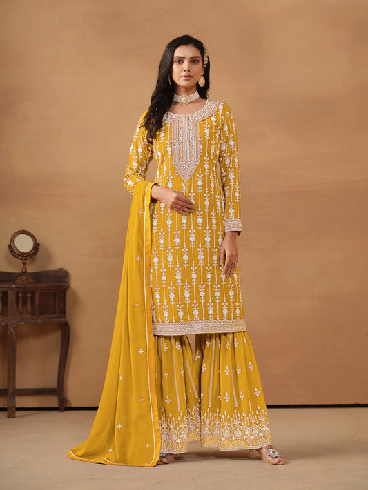 Yellow Embroidered Georgette Gharara Suit