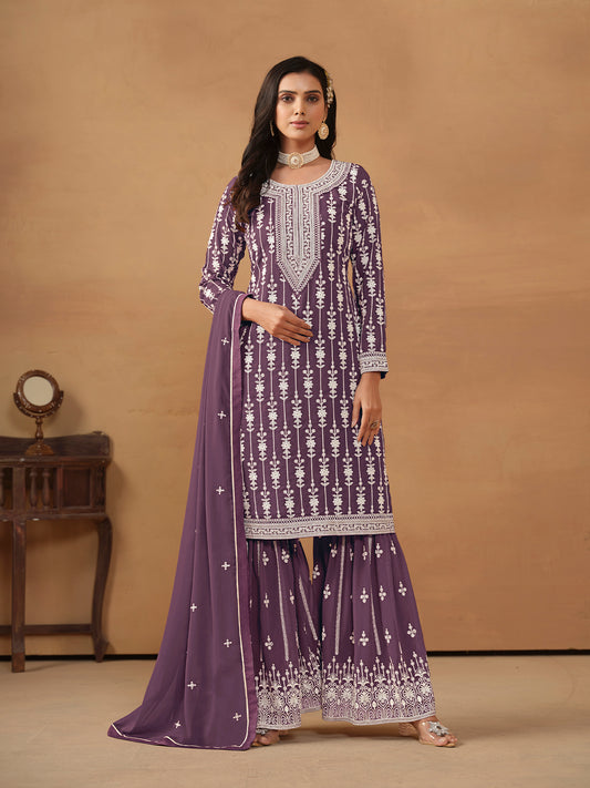 Violet Embroidered Georgette Gharara Suit