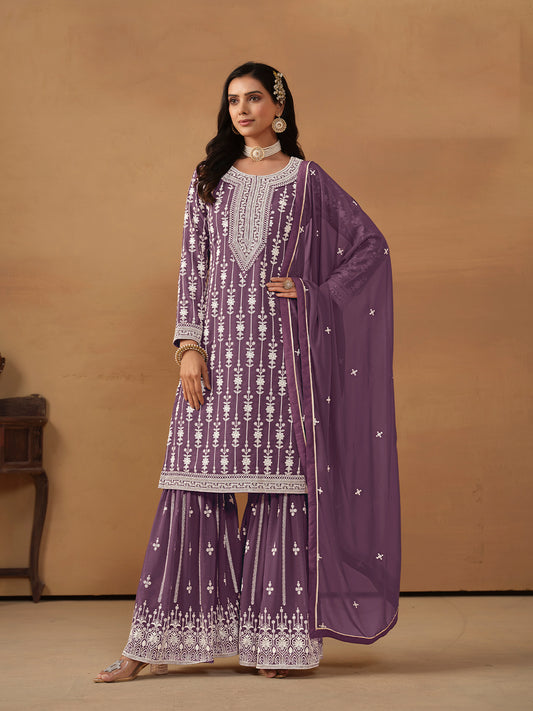 Violet Embroidered Georgette Gharara Suit