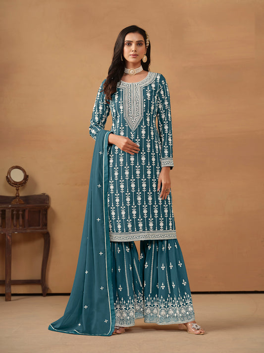 Teal Blue Embroidered Georgette Gharara Suit