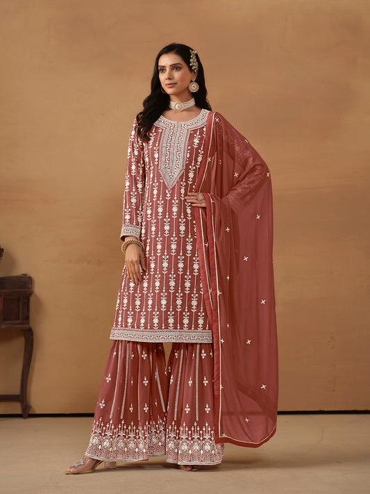 Rust Embroidered Georgette Gharara Suit