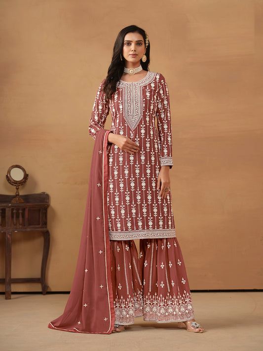 Rust Embroidered Georgette Gharara Suit