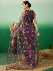 Purple Floral Digital Printed Organza Saree