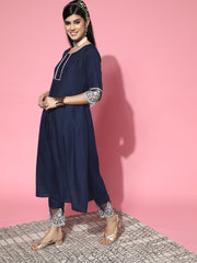 Blue Solid Cotton Blend Scalloped Edge Kurta Set