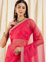 Magenta Embroidered Detail Organza Saree